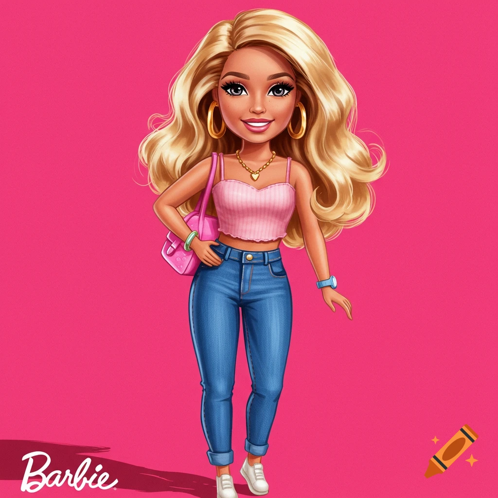 Stylized illustration of a Barbie doll figure in a pink top and jeans, holding a pink bag.