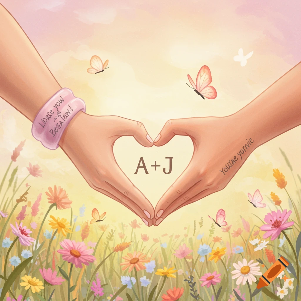 Hands forming a heart with A+J inside, surrounded by flowers and butterflies.