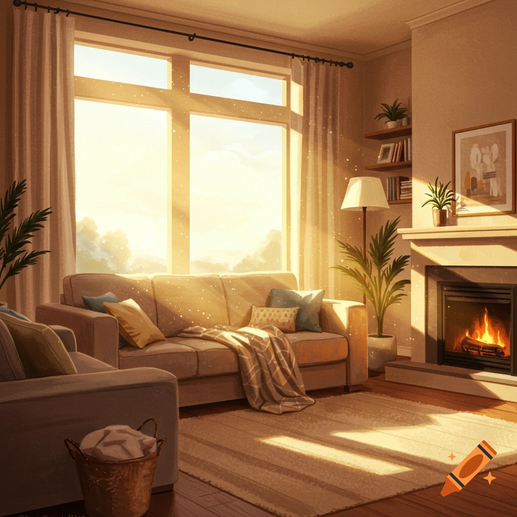 A bright, cozy living room with a fireplace and large sunlit window.