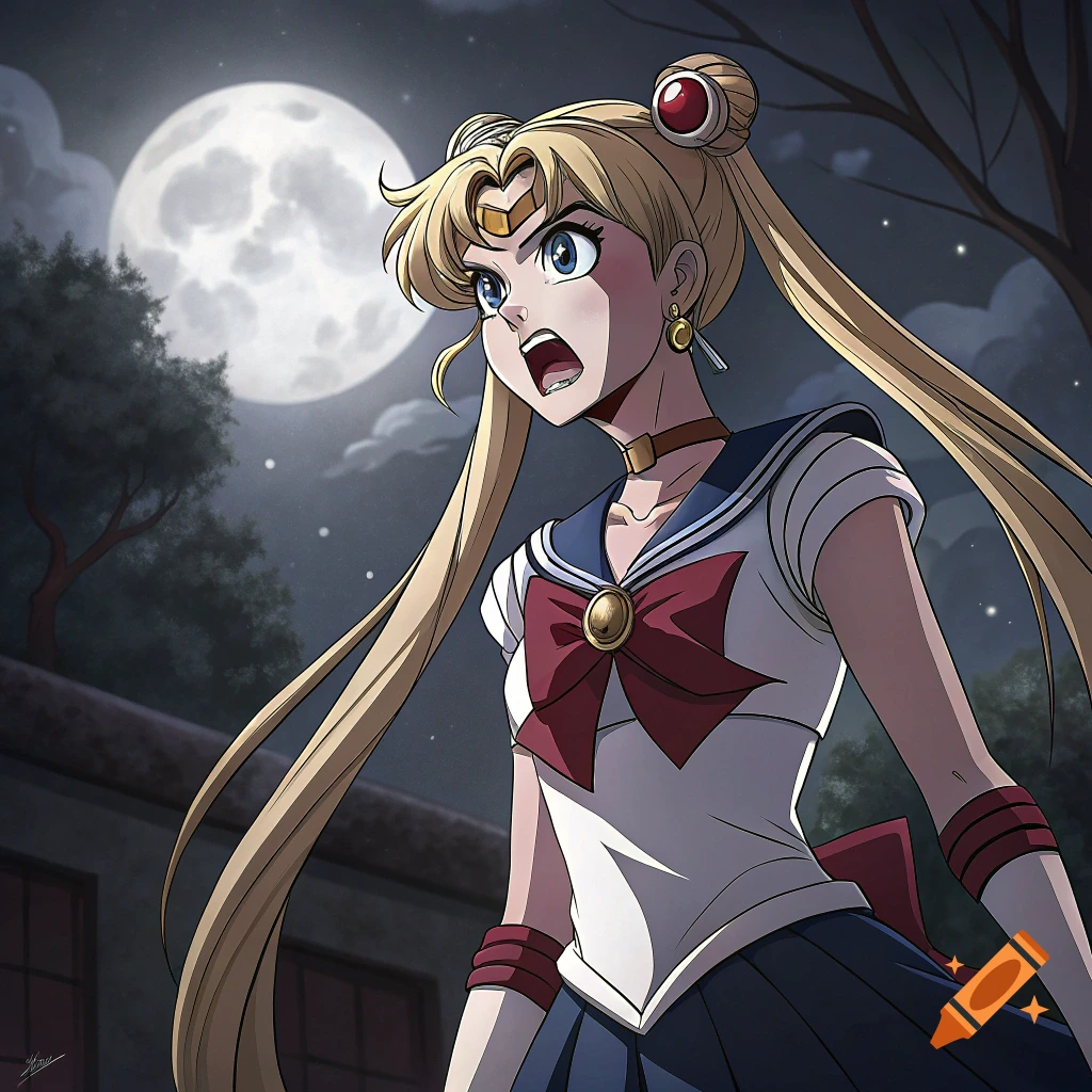 Anime image of Sailor Moon looking surprised under a large moon at night.