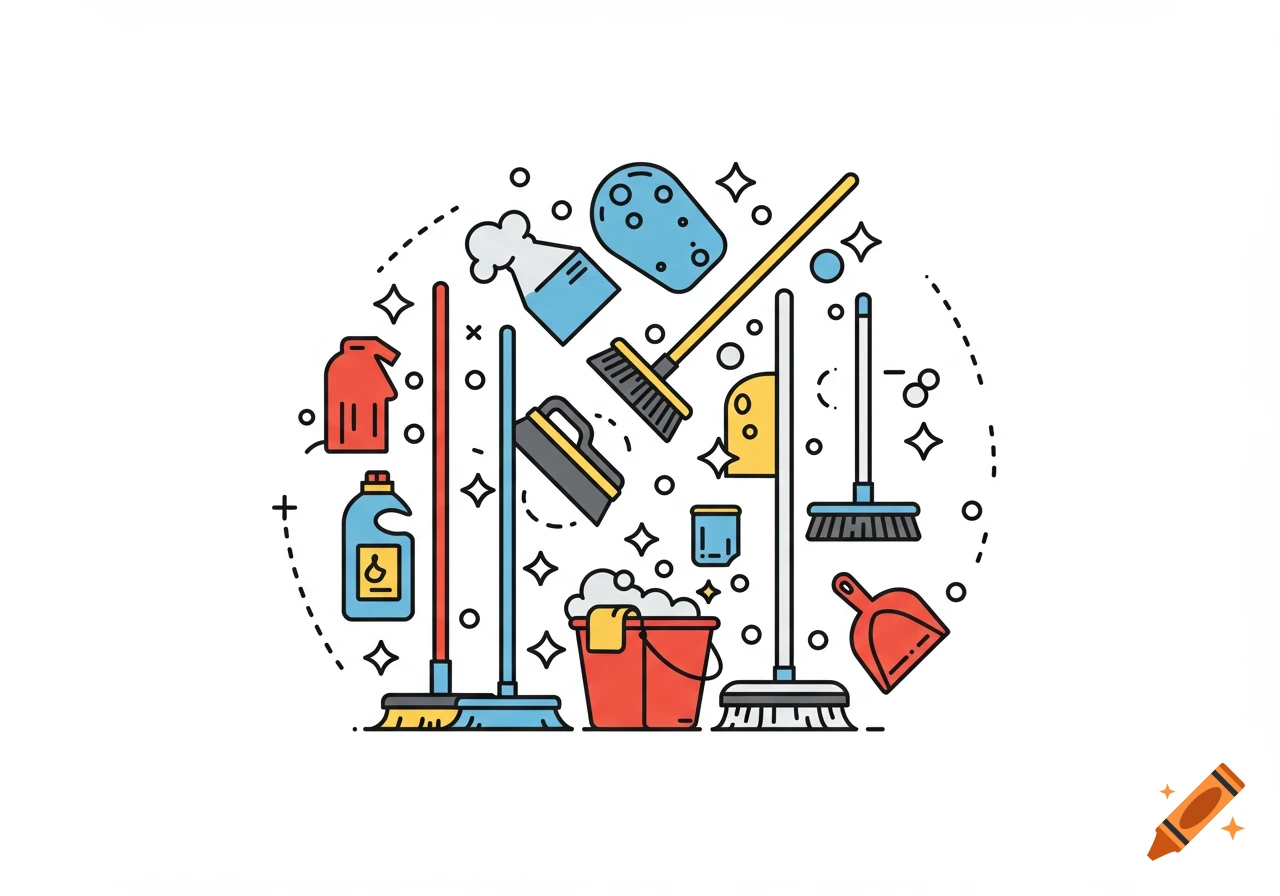 Vector illustration of cleaning supplies arranged in a circle.