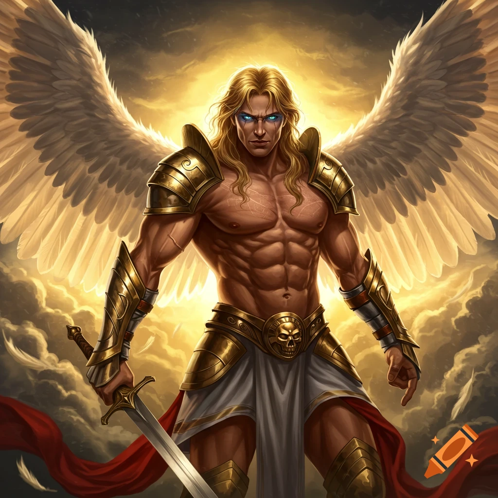 Muscular angel warrior with blonde hair, gold armor, and a sword against a bright sky.