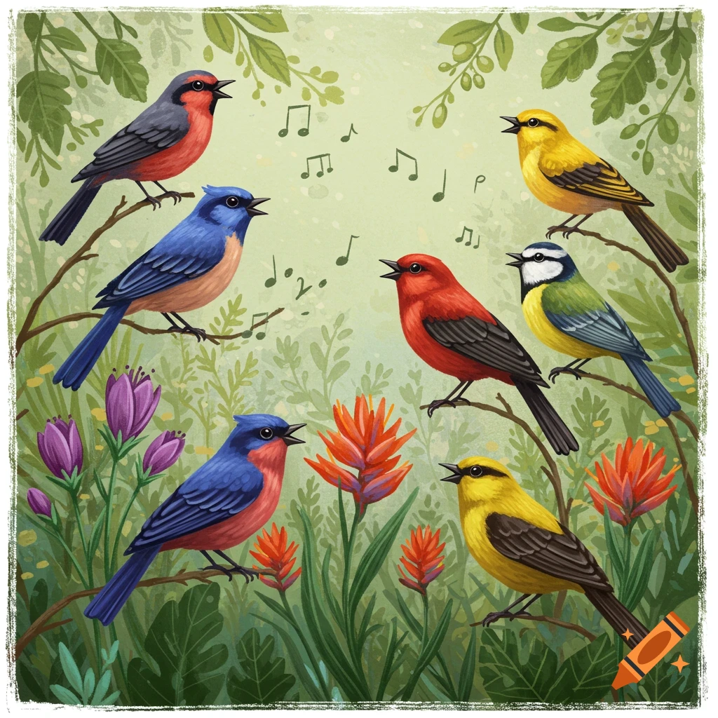 Colorful birds singing among plants and flowers with musical notes.