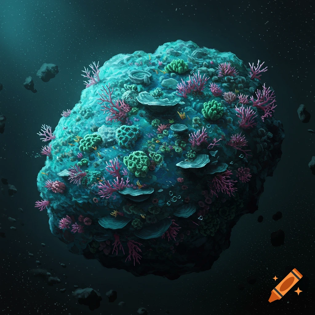 An asteroid covered in coral floats in space, surrounded by other rocks.