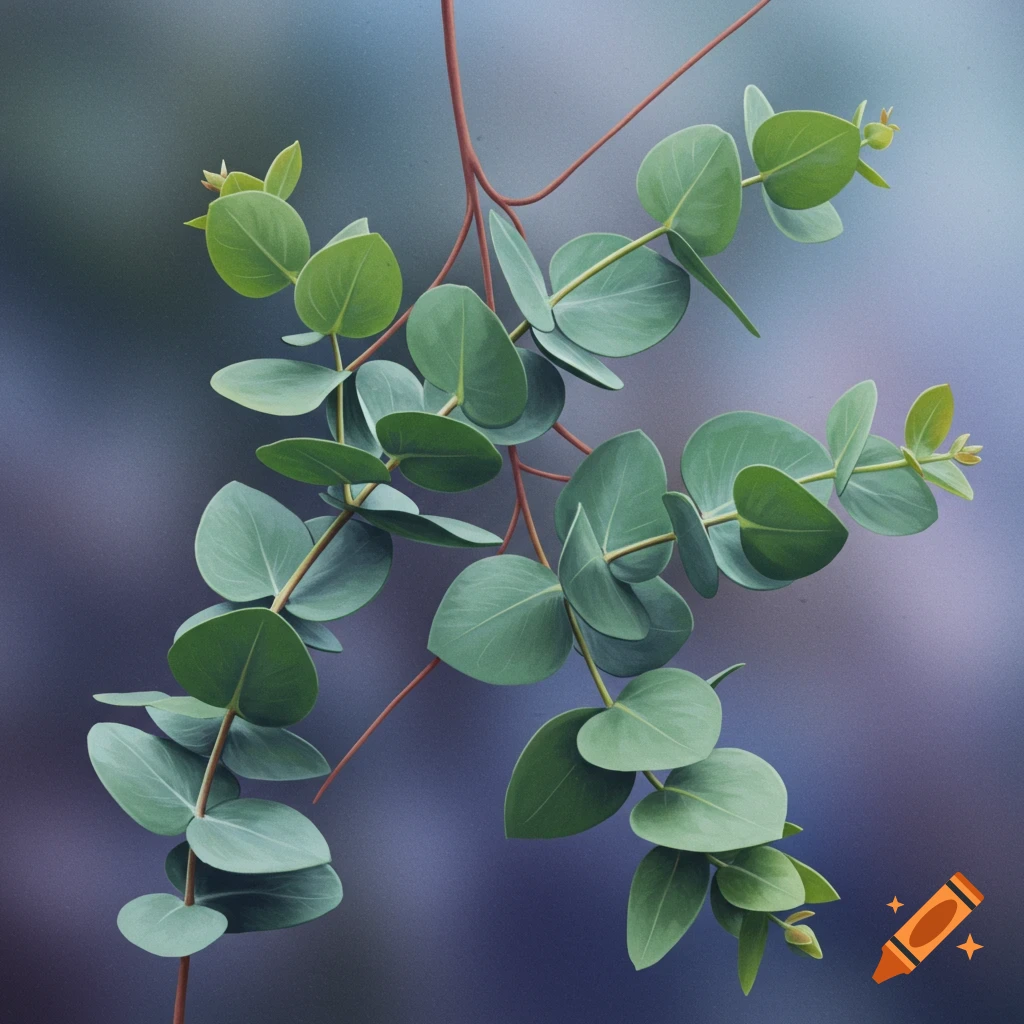 A close-up of eucalyptus branches with round green leaves against a blurred background.