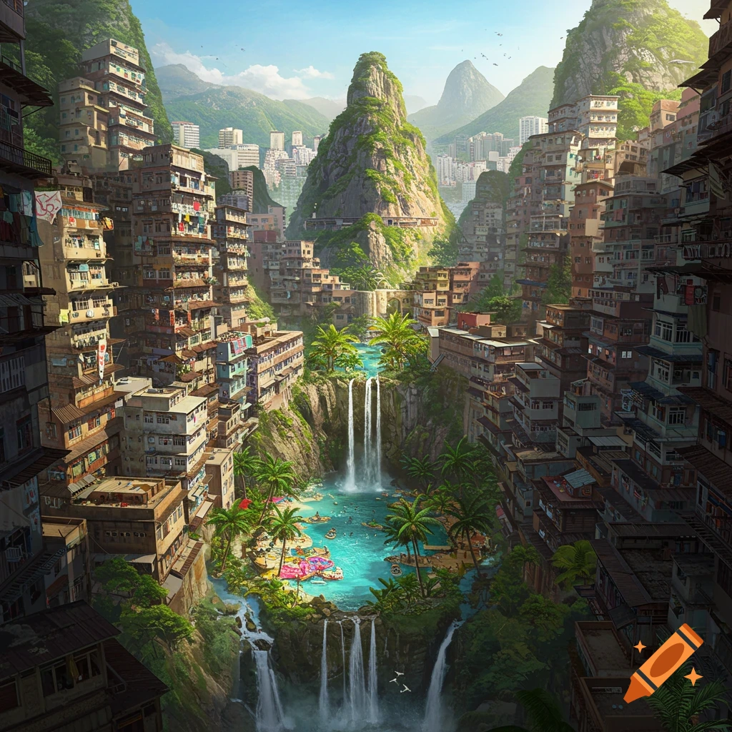 Dense favela-like city built into green mountains around a lush oasis with waterfalls.