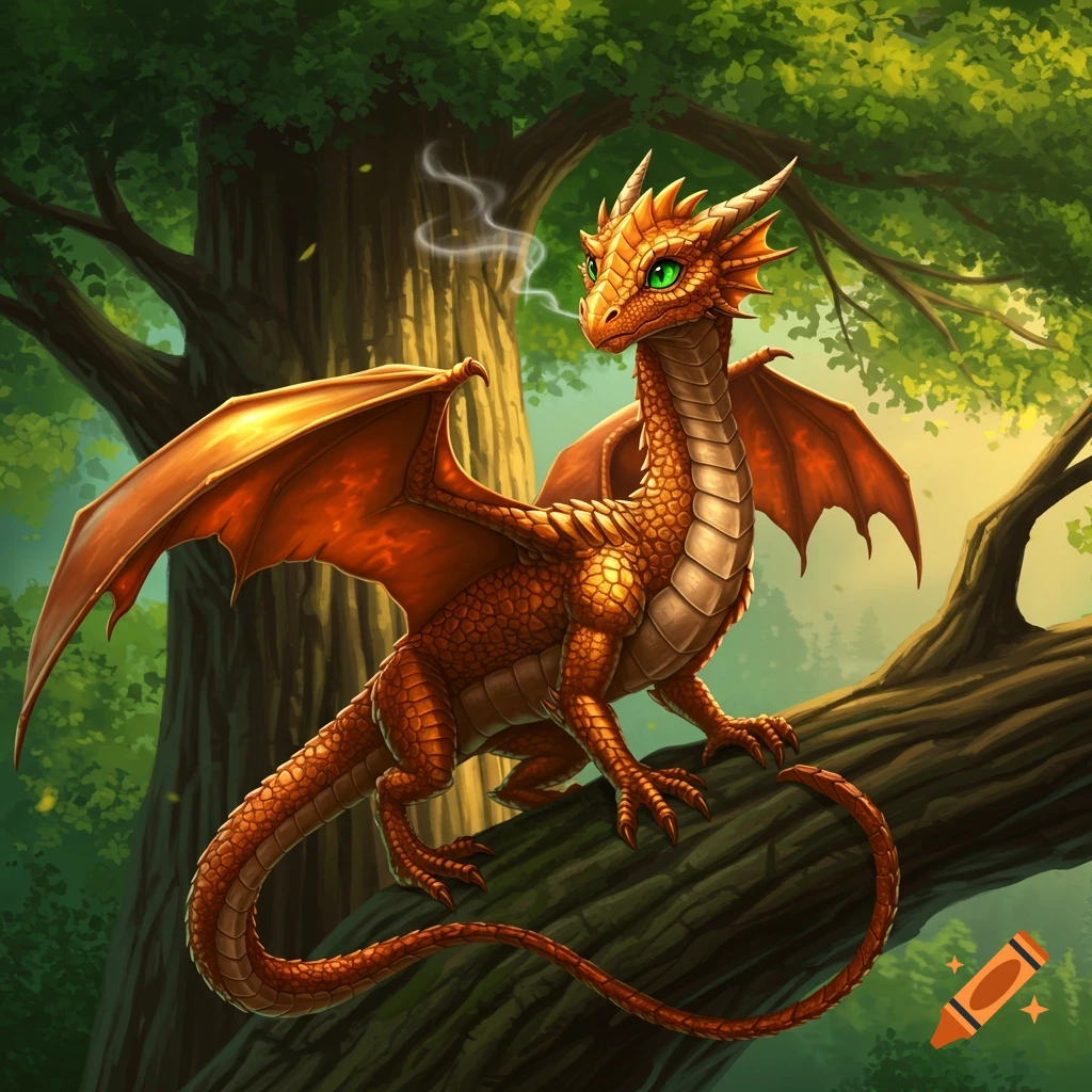 A young bronze dragon perched on a tree branch in a forest.
