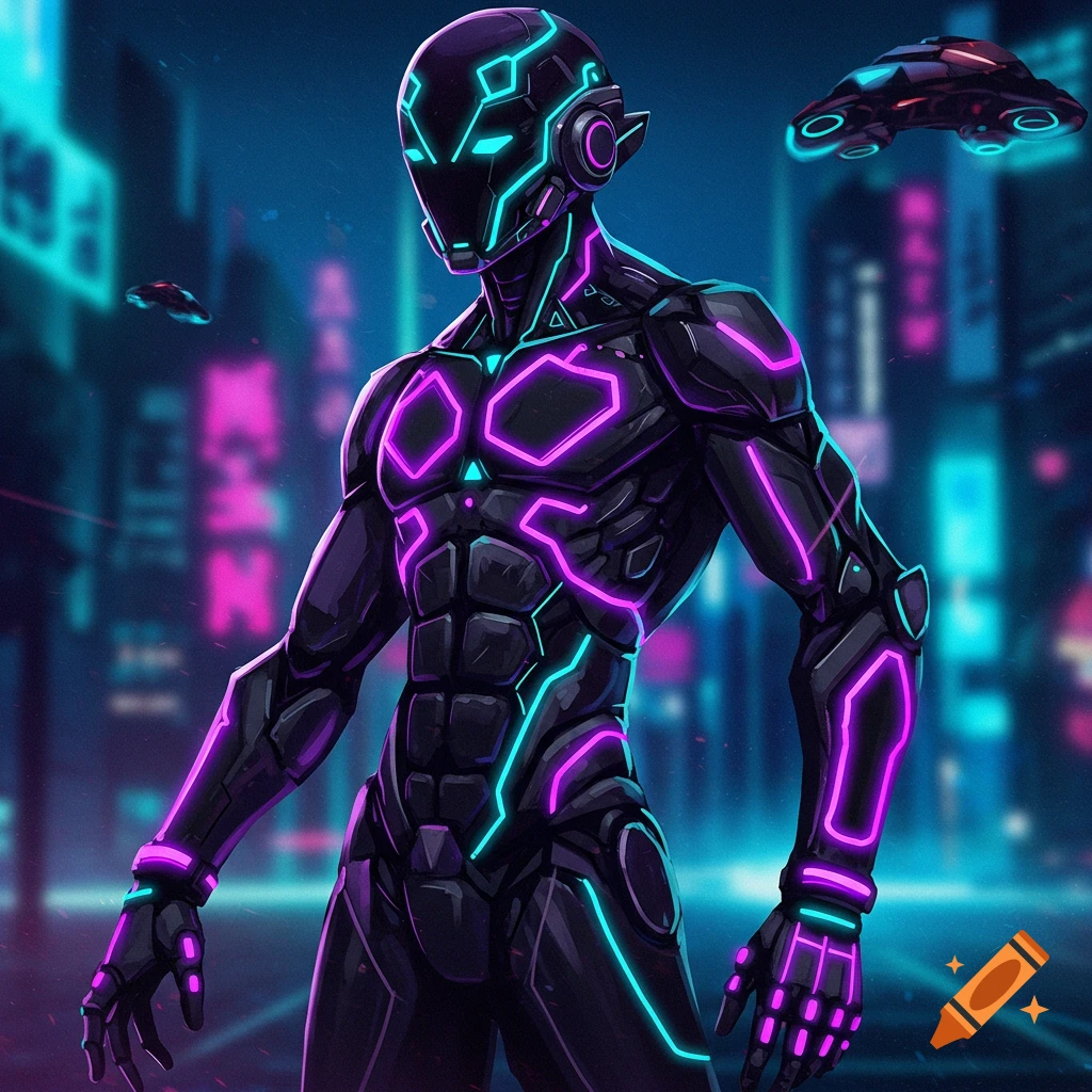 A dark futuristic cyborg figure with glowing neon lines stands in a blurry cyberpunk city street with flying vehicles.