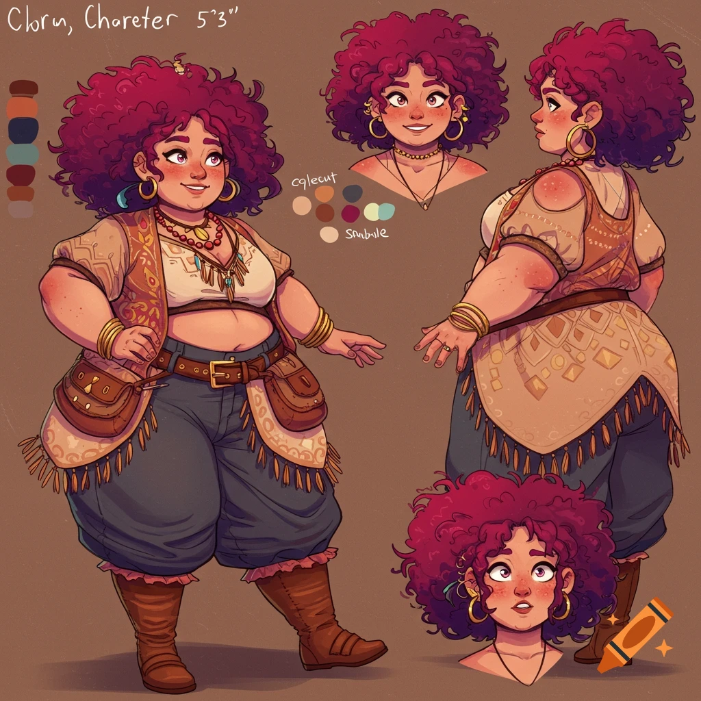 Stylized character sheet of a fantasy woman with purple curly hair, boho outfit, showing front, back, and head views.