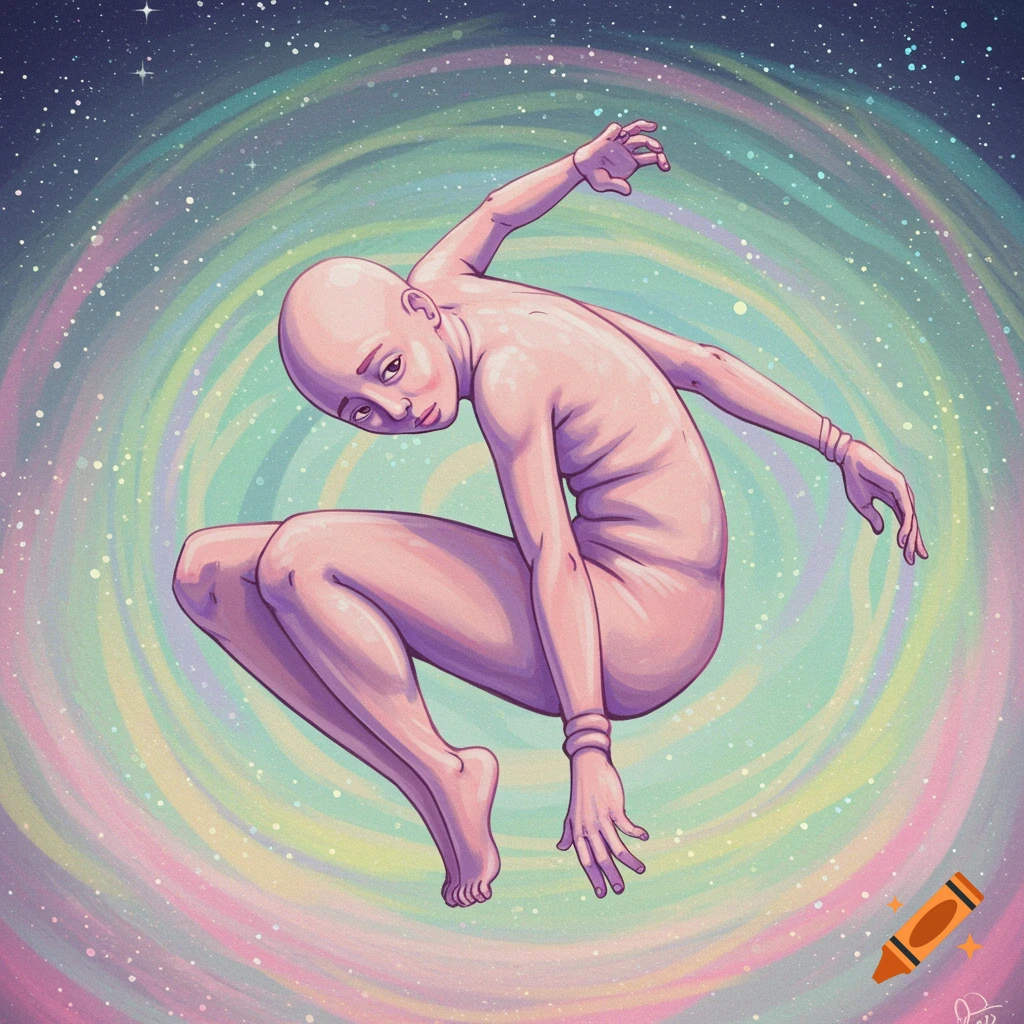 A bald person floating in a pastel galaxy swirl