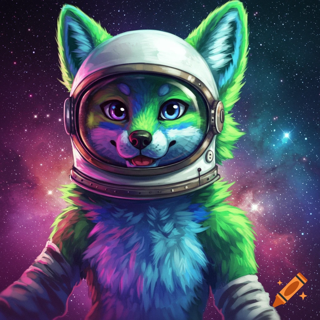 A furry wearing an astronaut helmet against a starry background, digital art.