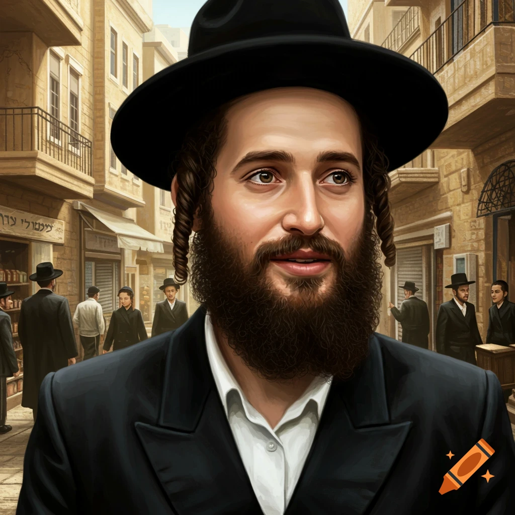 A Hasidic Jewish man in a black hat and suit stands on a busy street.