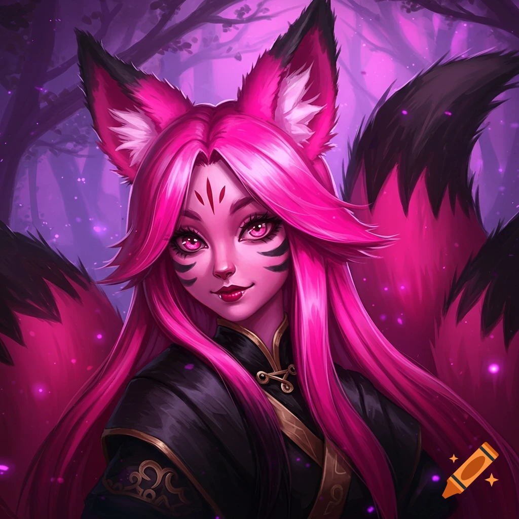 A pink and black fox girl with pale skin in a forest.