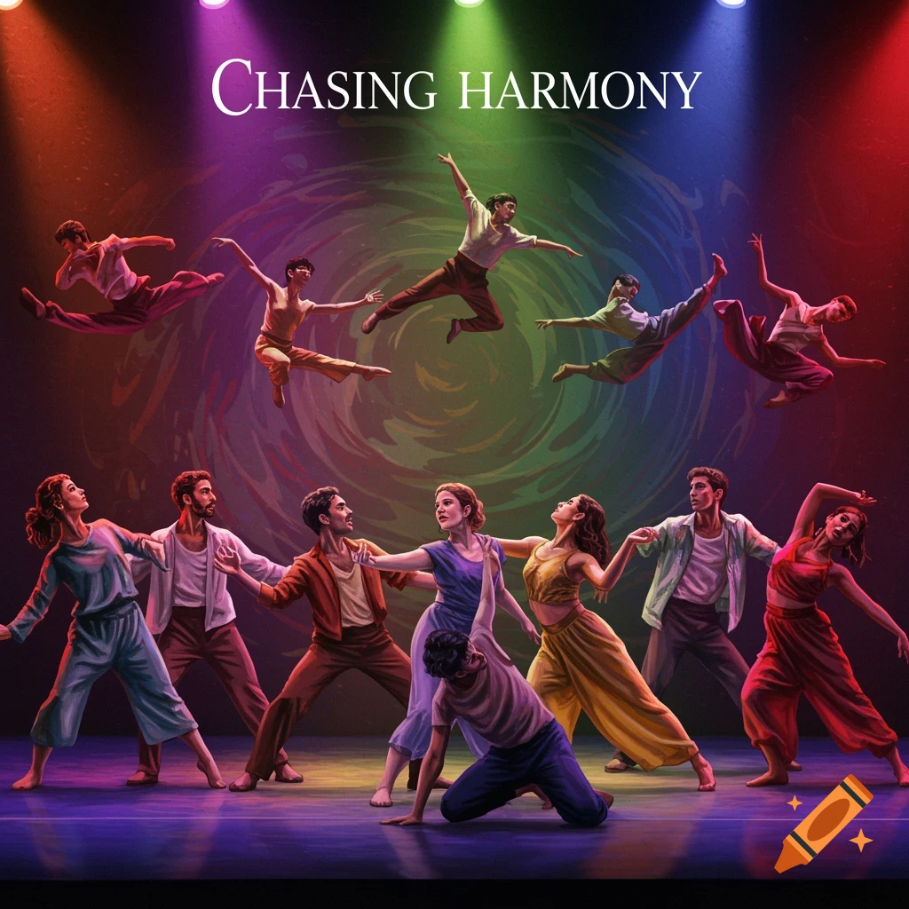 Dancers on a stage with colorful lights and 'Chasing Harmony' text.