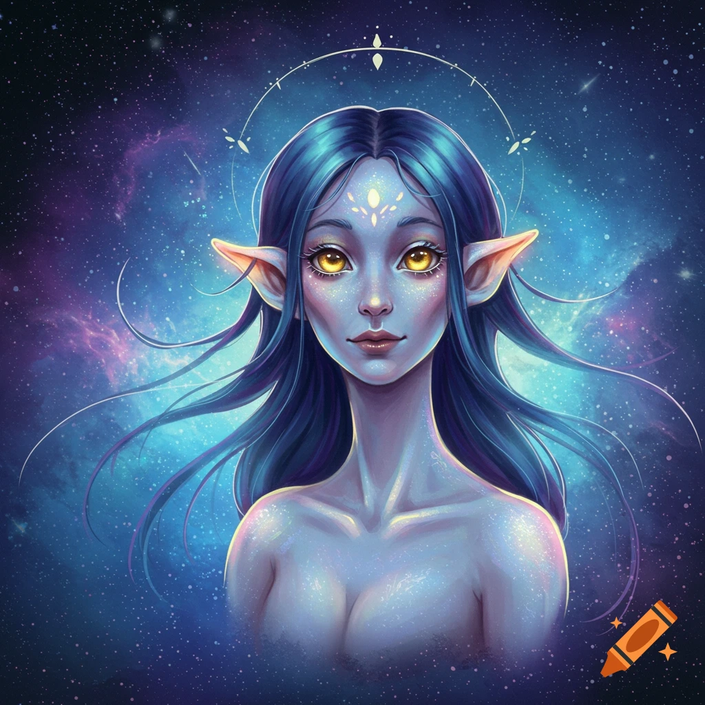 A blue-skinned fantasy creature with pointed ears in a galaxy setting.