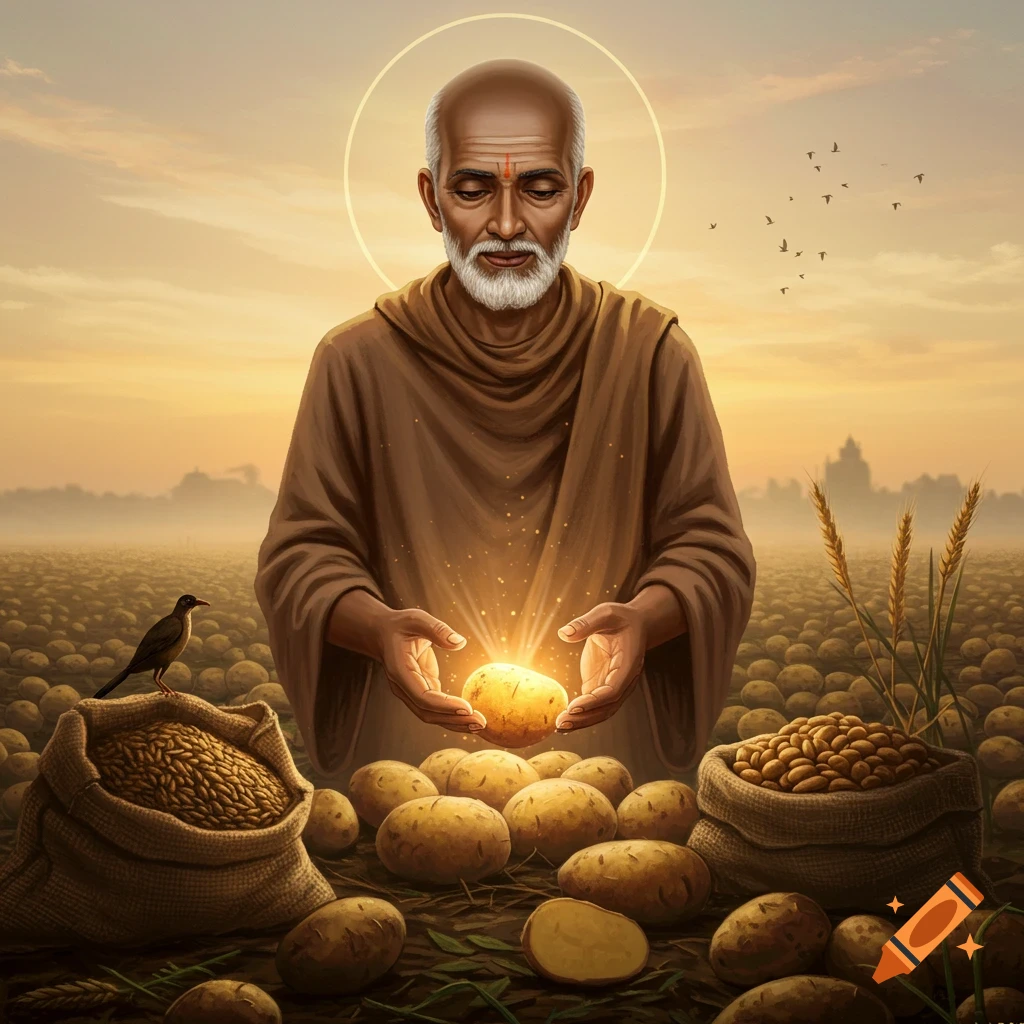 A man holds a glowing potato in a field at sunset.