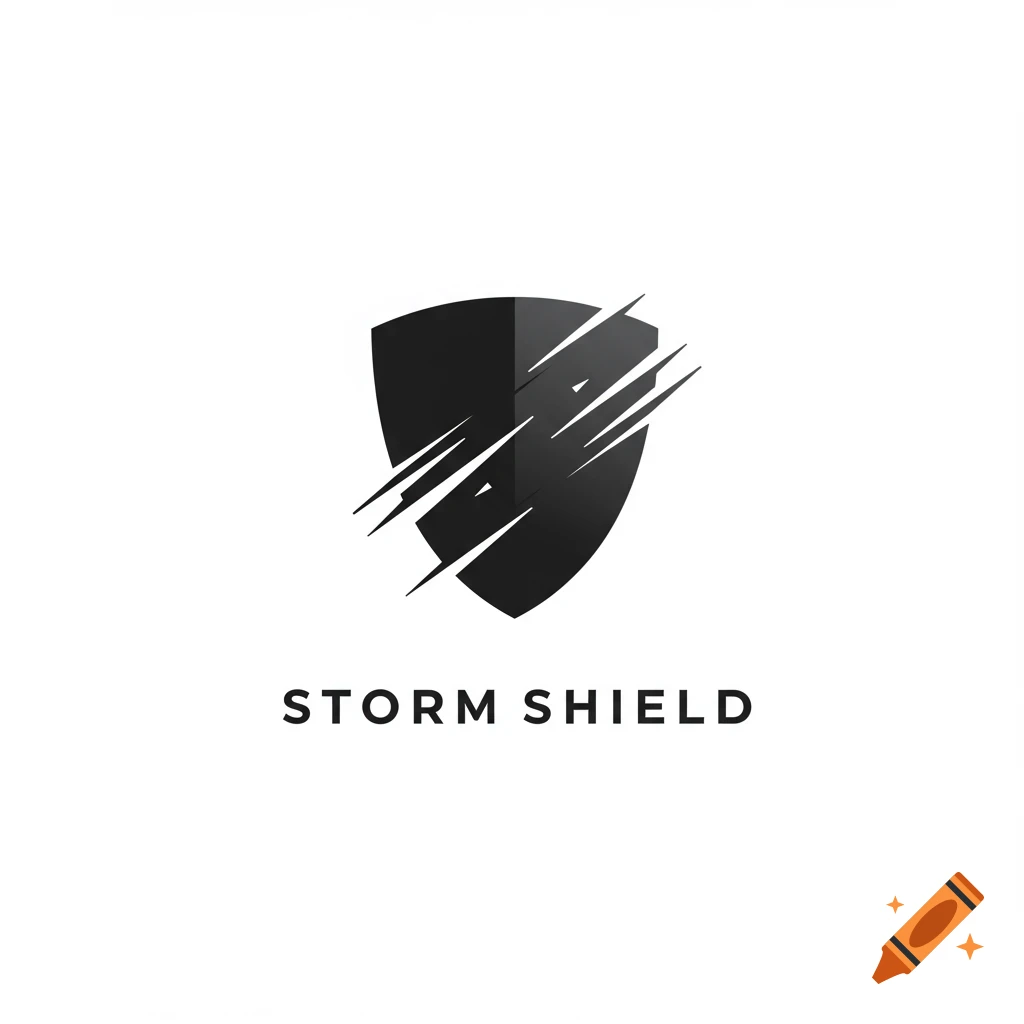 A minimalist black shield logo with dynamic lines and the text "STORM SHIELD" below it.