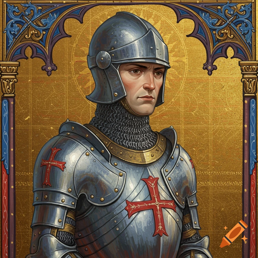 A knight in armor with a red cross against a golden medieval illuminated background.
