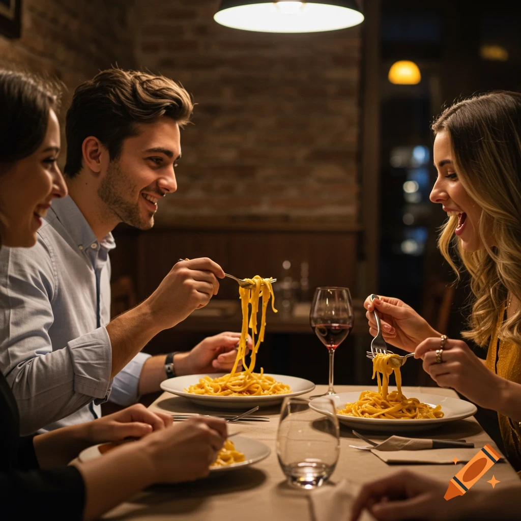 Friends eating pasta at a table in a dimly lit restaurant