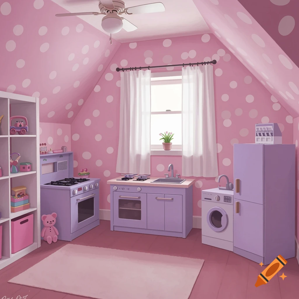 A pink playroom with white polka dots, a toy kitchen set, a shelf of toys, and a window.
