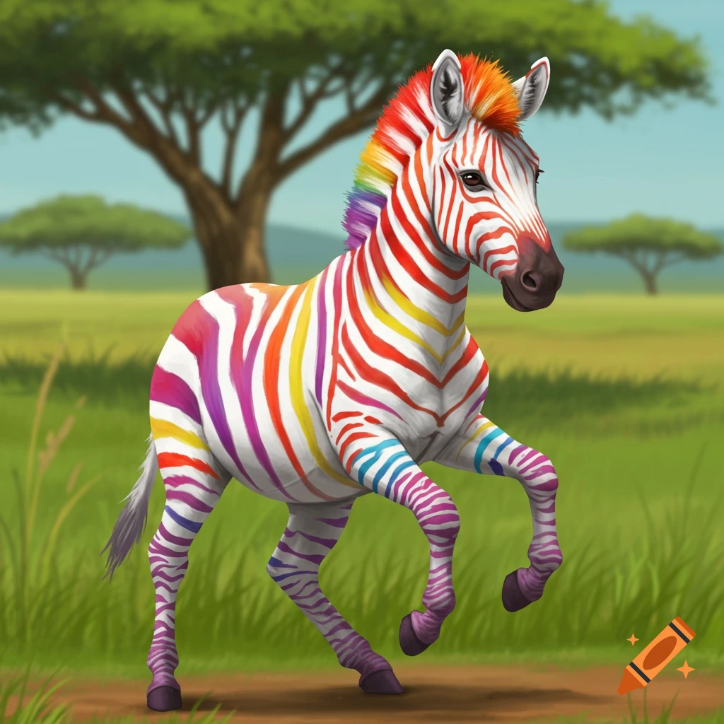 A zebra with rainbow stripes running through a savanna landscape.