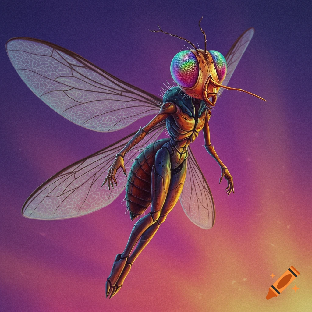A humanoid fly creature with large compound eyes and wings, flying against a purple and orange sky.