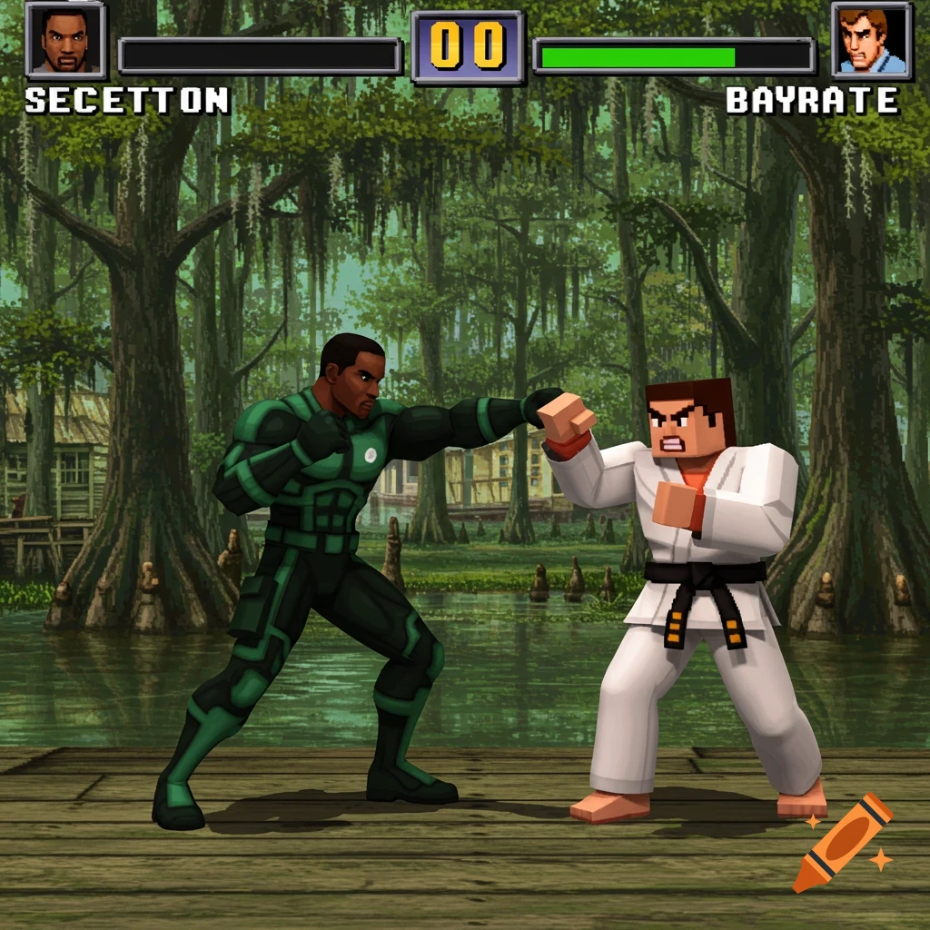 A retro 3D fighting game scene set in a bayou with two characters fighting on a dock.