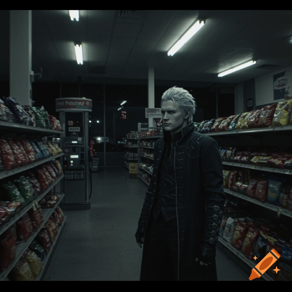 Vergil from Devil May Cry stands in a grainy gas station aisle.