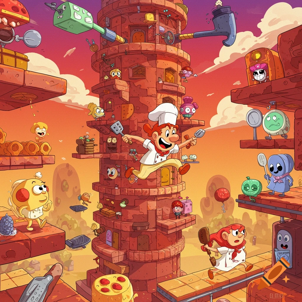 Cartoon chef jumps on a tower surrounded by food characters and cooking items.