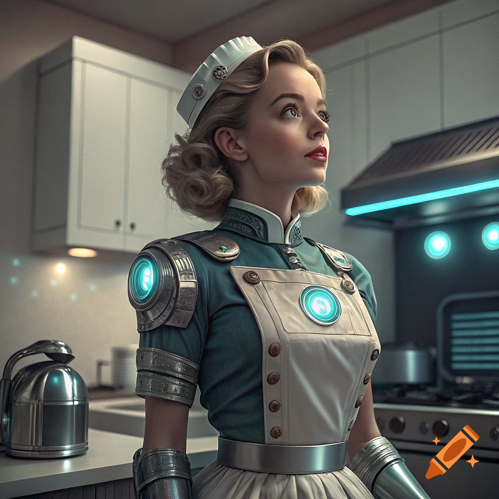 A woman in a retro-futuristic nurse outfit with robotic elements standing in a kitchen.
