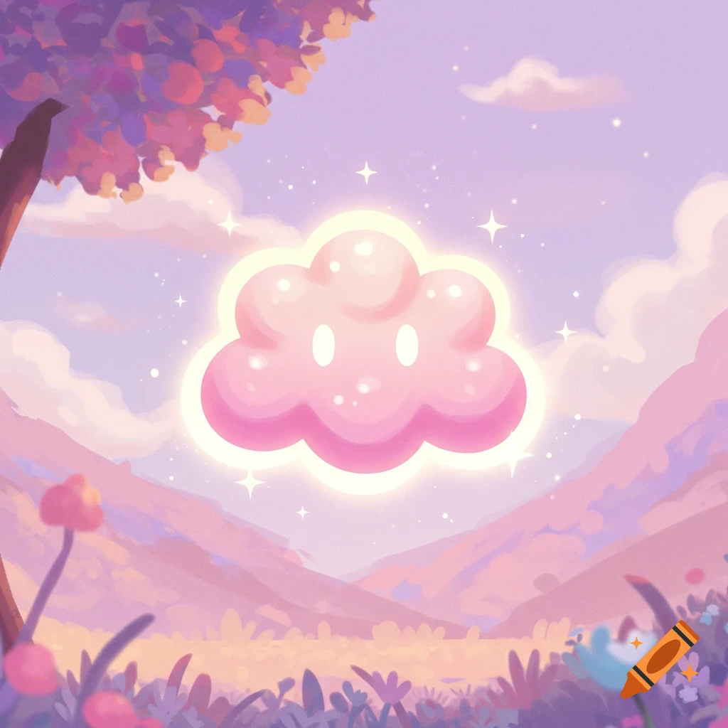 A cute pink cloud character with a glowing outline floats over a pastel fantasy landscape with mountains, trees, and flowers.