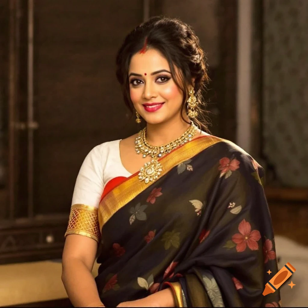 Woman in traditional Indian saree and jewelry smiling