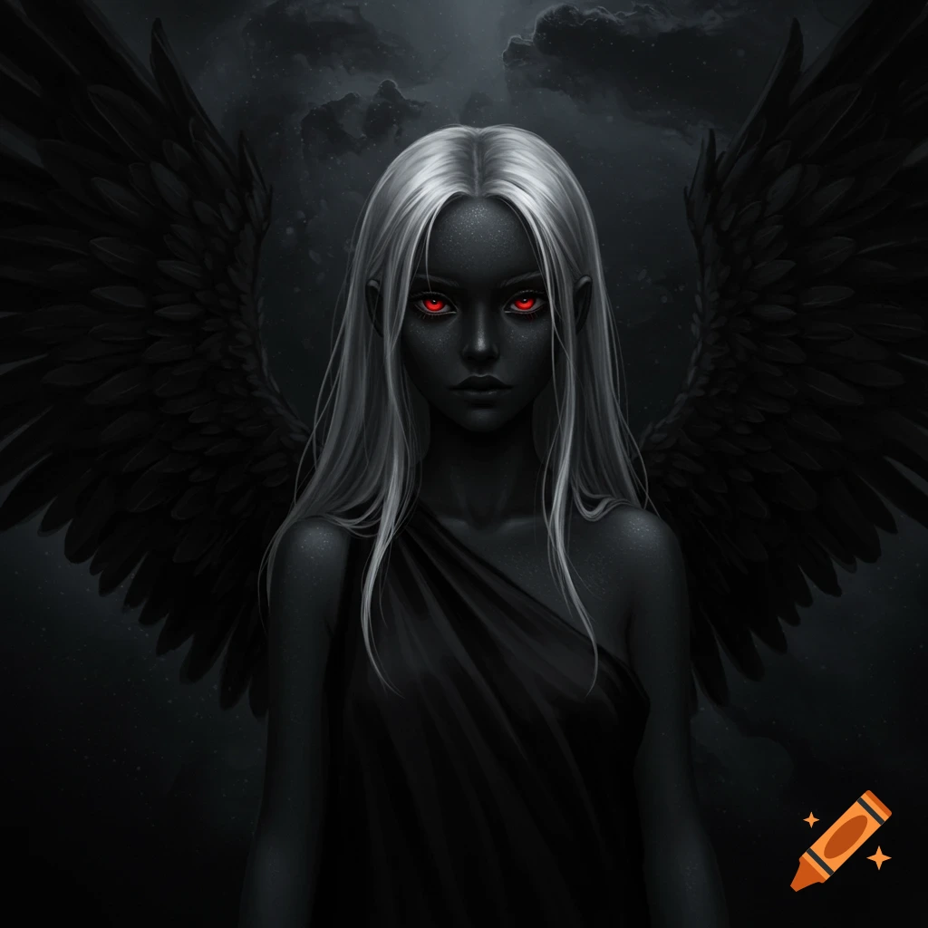 A dark-skinned figure with silver hair, red eyes, black wings, and a black toga.