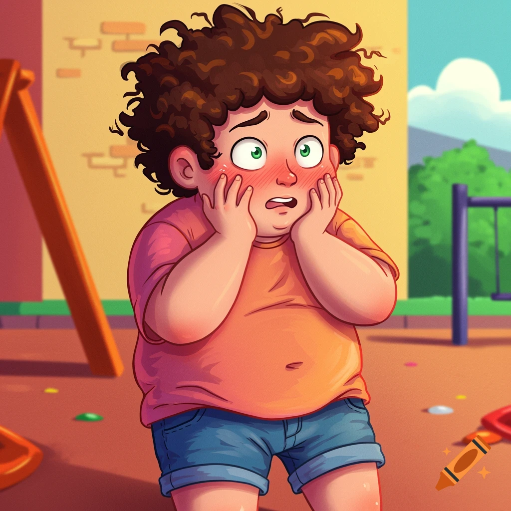 Cartoon of an embarrassed boy blushing and holding his face on a playground.