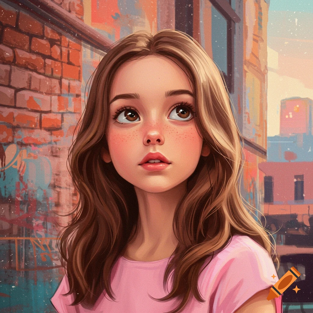 A young girl with long brown hair and freckles is looking up, with an urban background.