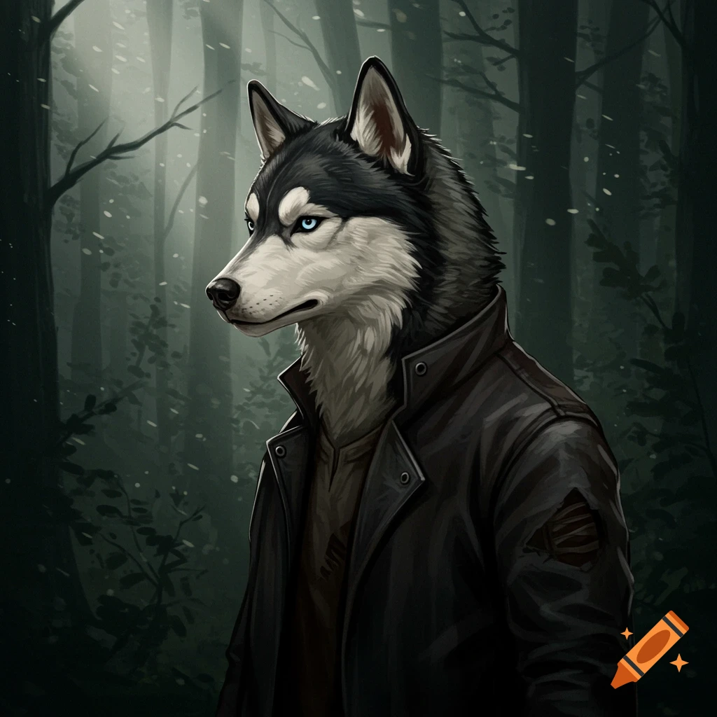 Illustrated husky in a leather jacket standing in a dark forest