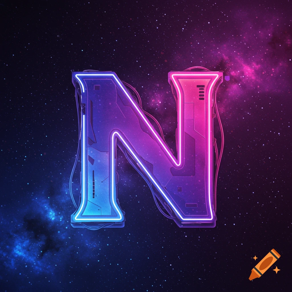 Neon lit futuristic letter N against a starry space background