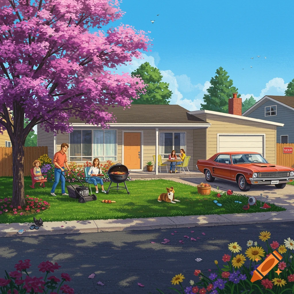 Sunny suburban scene of a family BBQ in a yard with a pink tree and classic muscle car.