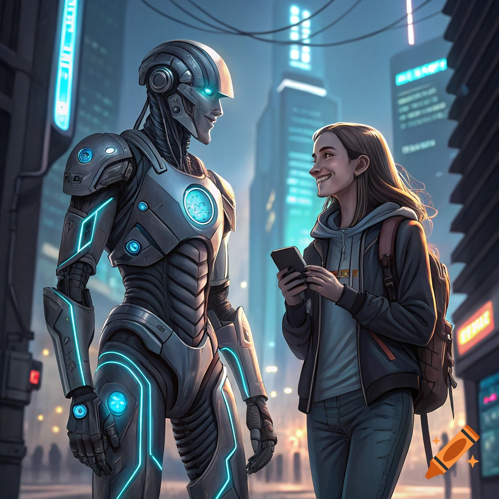 A cyborg and a young woman with a phone stand facing each other on a futuristic city street.