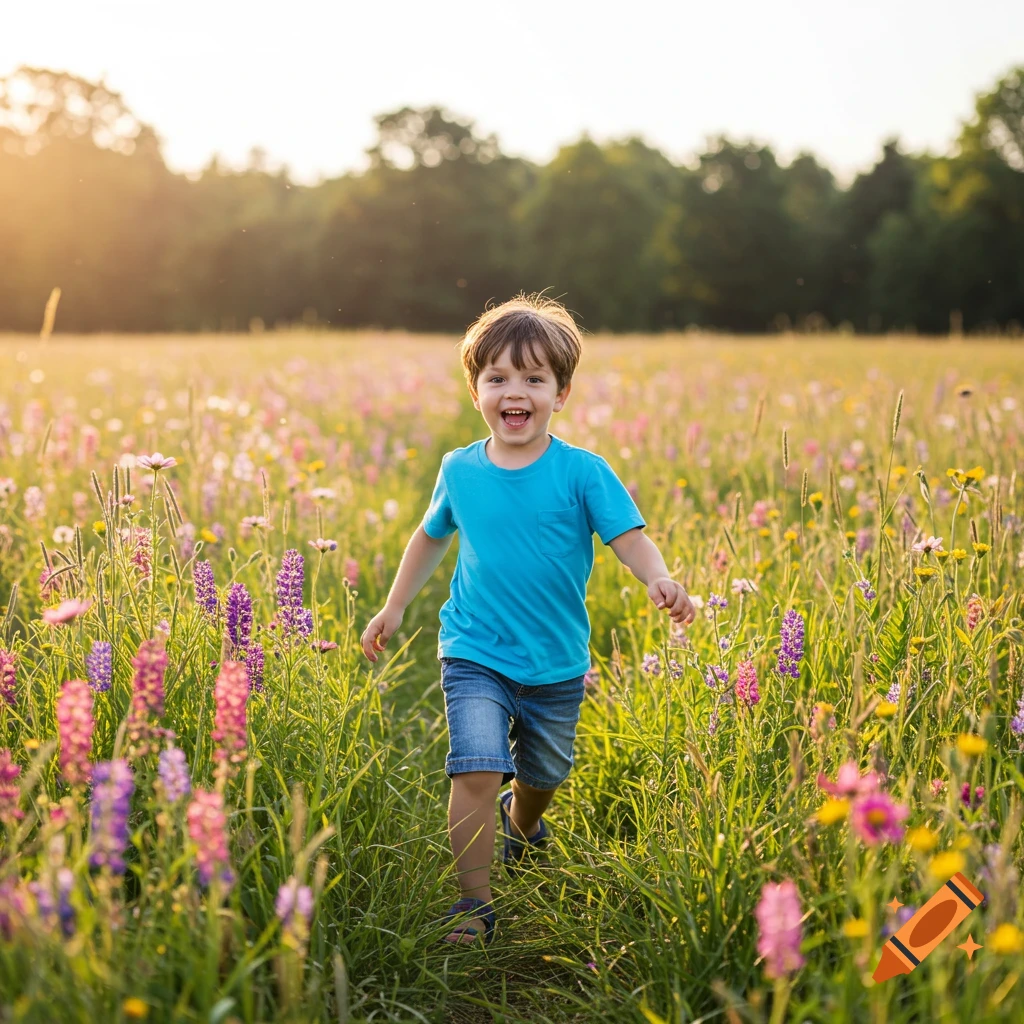 A young boy runs happily through a field of wildflowers at sunset.