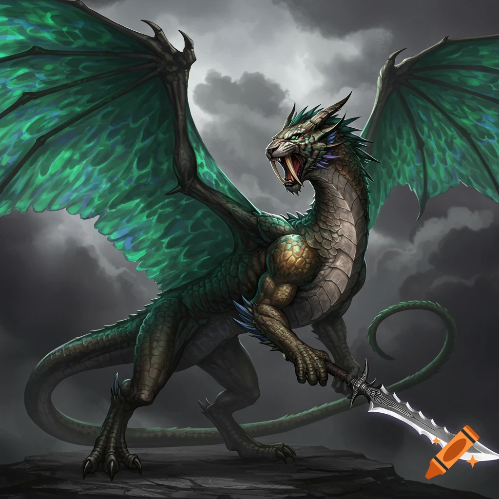 a green and brown dragon with large wings, holding a sword, standing on rocks under a cloudy sky.