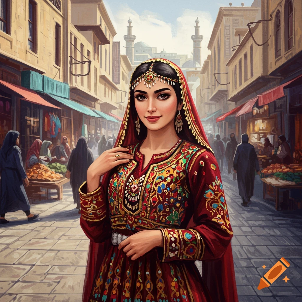 Woman in traditional clothing in a busy market street.