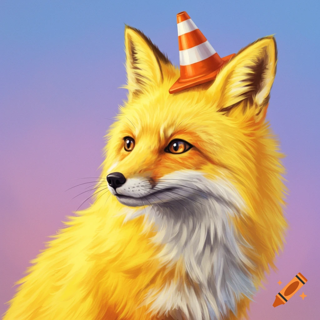 A bright yellow fox is depicted with a traffic cone on its ear.