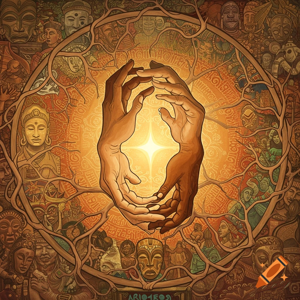Two hands reaching together within a root and tree structure surrounded by diverse cultural faces and patterns.