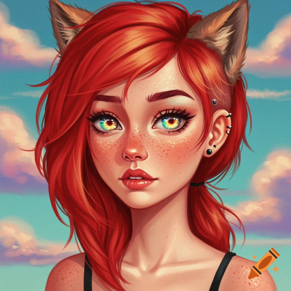 A redheaded girl with cat ears, vibrant multi-colored eyes, and freckles against a sky background.