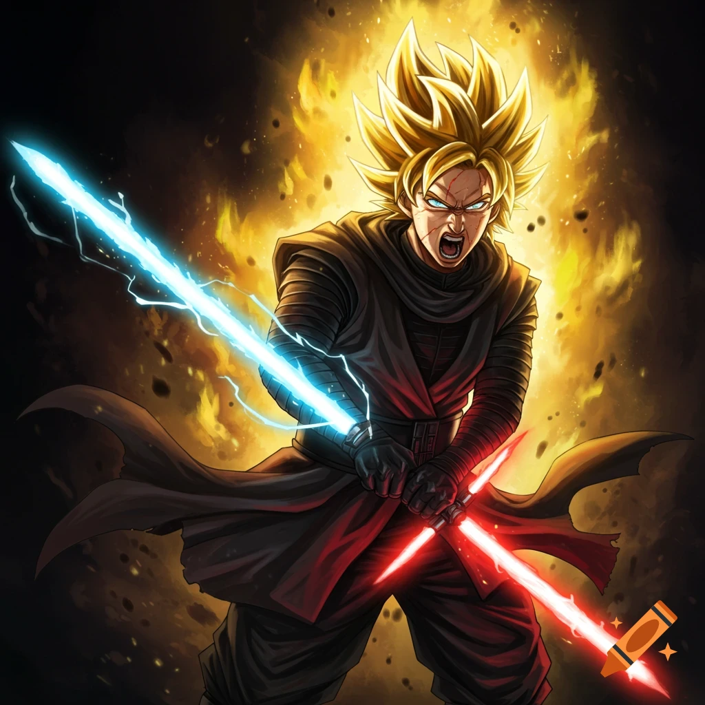 A character with blonde spiked hair and battle scars, wearing dark clothes, holding a blue and a red lightsaber against a fiery background.