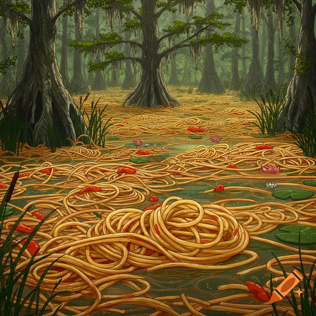 A swamp landscape filled with spaghetti, red shapes, and lily pads.