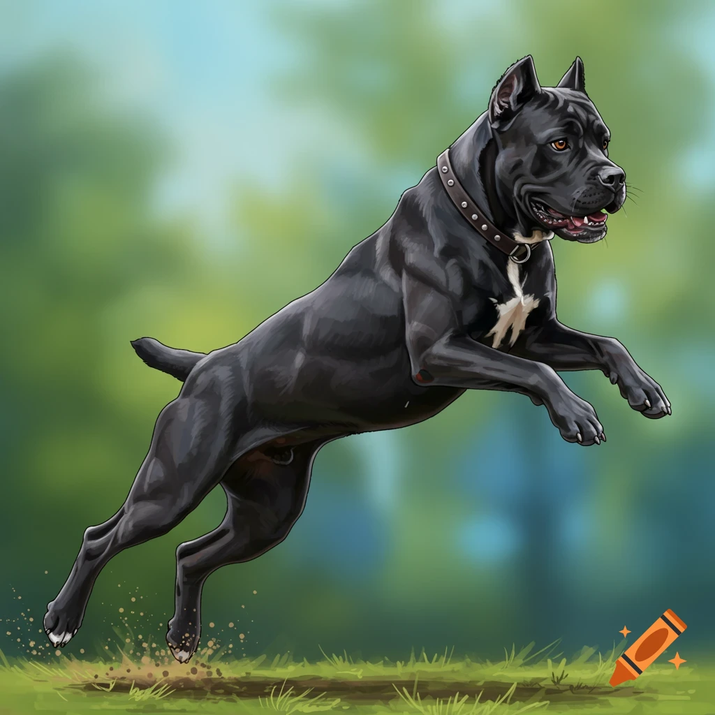 Black Cane Corso dog jumping in a field.