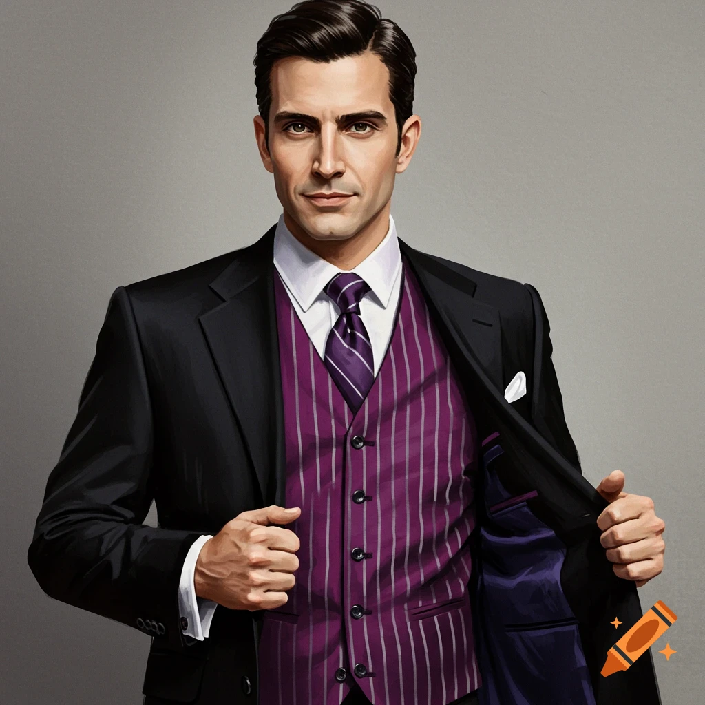 A man is depicted in a black suit and purple and white striped vest.