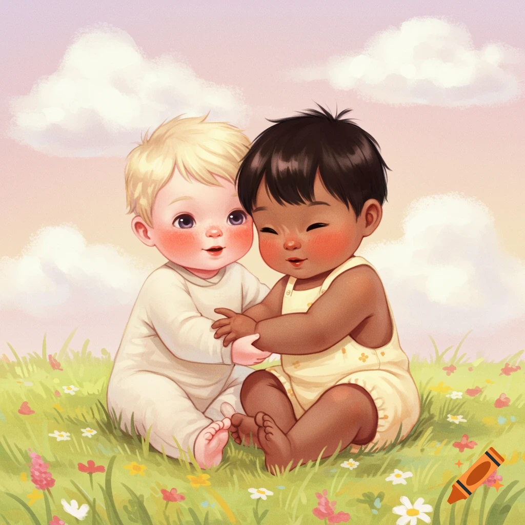 Two babies cuddling in a meadow with flowers and clouds. One baby is blonde and the other has dark hair.